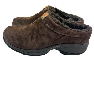 Merrell Dark Brown Suede Warm Slip-on Mules Black Sole Fleece Lined Women’s 6